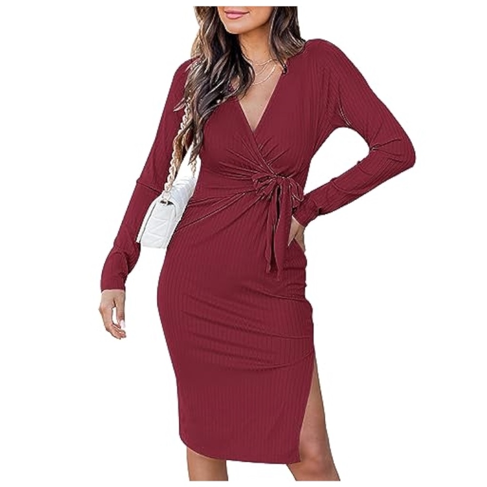 NWT Wnerdu Red Long Sleeve Wrap Midi Dress Size Large